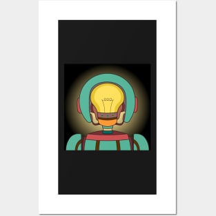AI robot with a yellow light bulb inside a head. Modern technology and futuristic concept. Posters and Art